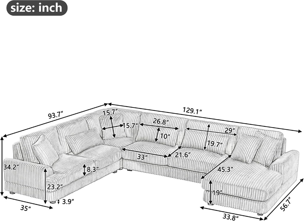 Ball & Cast 129' Oversized Sectional Sofa U-Shaped Sofa Couch with a Chaise Lounge Corduroy Modern Sofas Comfy Couches for Living Room, Beige