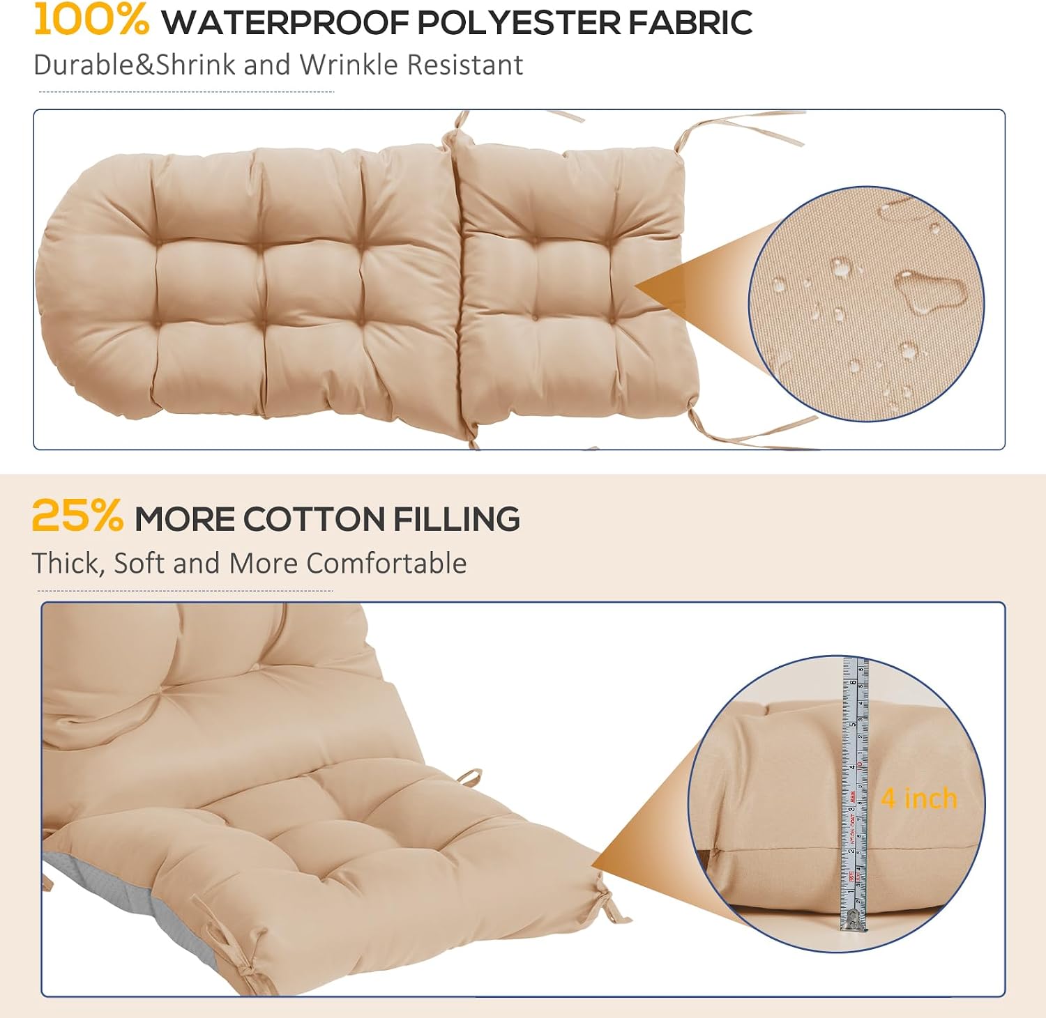 Adirondack Chair Cushions Set of 4, Thick High Back Rocking Chair Cushion 47x19.6x4 Inch, Folding Patio Pads with Ties, Waterproof & Fade-Resistant Seat Pads Indoor/Outdoor (Khaki)