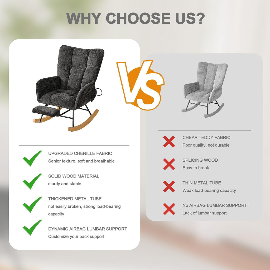 Rocking Chair Nursery with Airbag, Comfy Modern Nursery Rocking Reading Chair Indoor with Footrest, Cozy Upholstered Glider Rocker Chairs for Living Room Bedroom Offices(Chenille, Black)