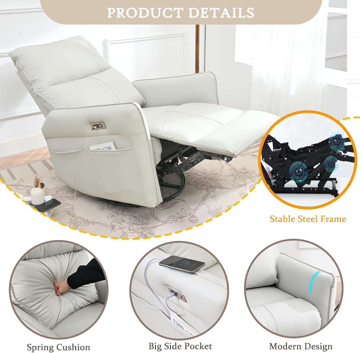 Power Swivel Rocker Recliner Chair for Nursery, Upholstered 270° Swivel Glider Rocker Chair with USB Ports, Small Power Recliners for Small Spaces Living Room (Light Grey)