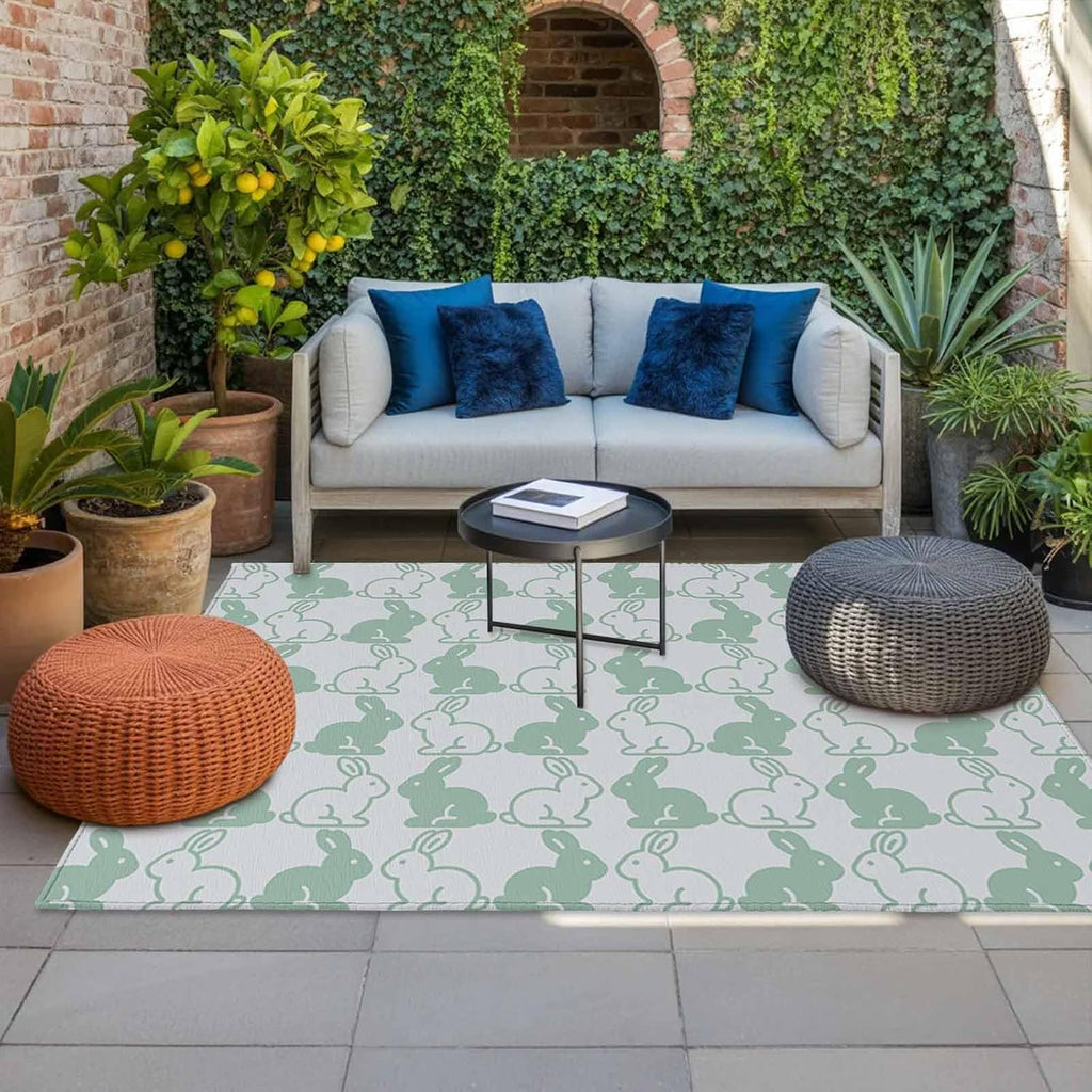 Happy Easter Bunny Outdoor Rug for Patio/Deck/Porch, Non-Slip Large Area Rug 5 x 8 Ft, Gray Green Rabbits Animal Cartoon Indoor Outdoor Rugs Washable Area Rugs, Reversible Camping Rug Carpet Runner