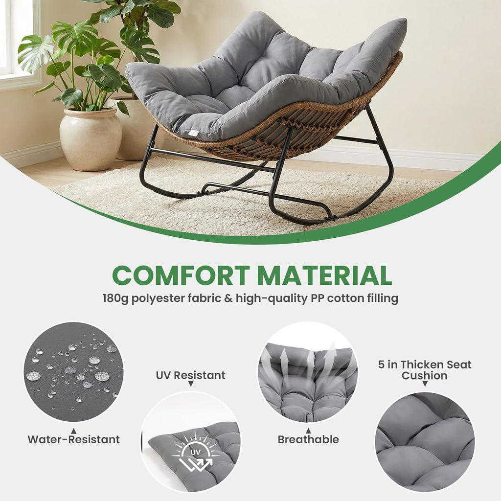 SUNBURY Rocking Chair, Rattan Wicker Egg Chair with Thick Cushion - 45 in Oversized Papasan Chair for Indoor/Outdoor, 330lbs Weight Capacity, Modern Boho Patio/Backyard/Living Room Seating