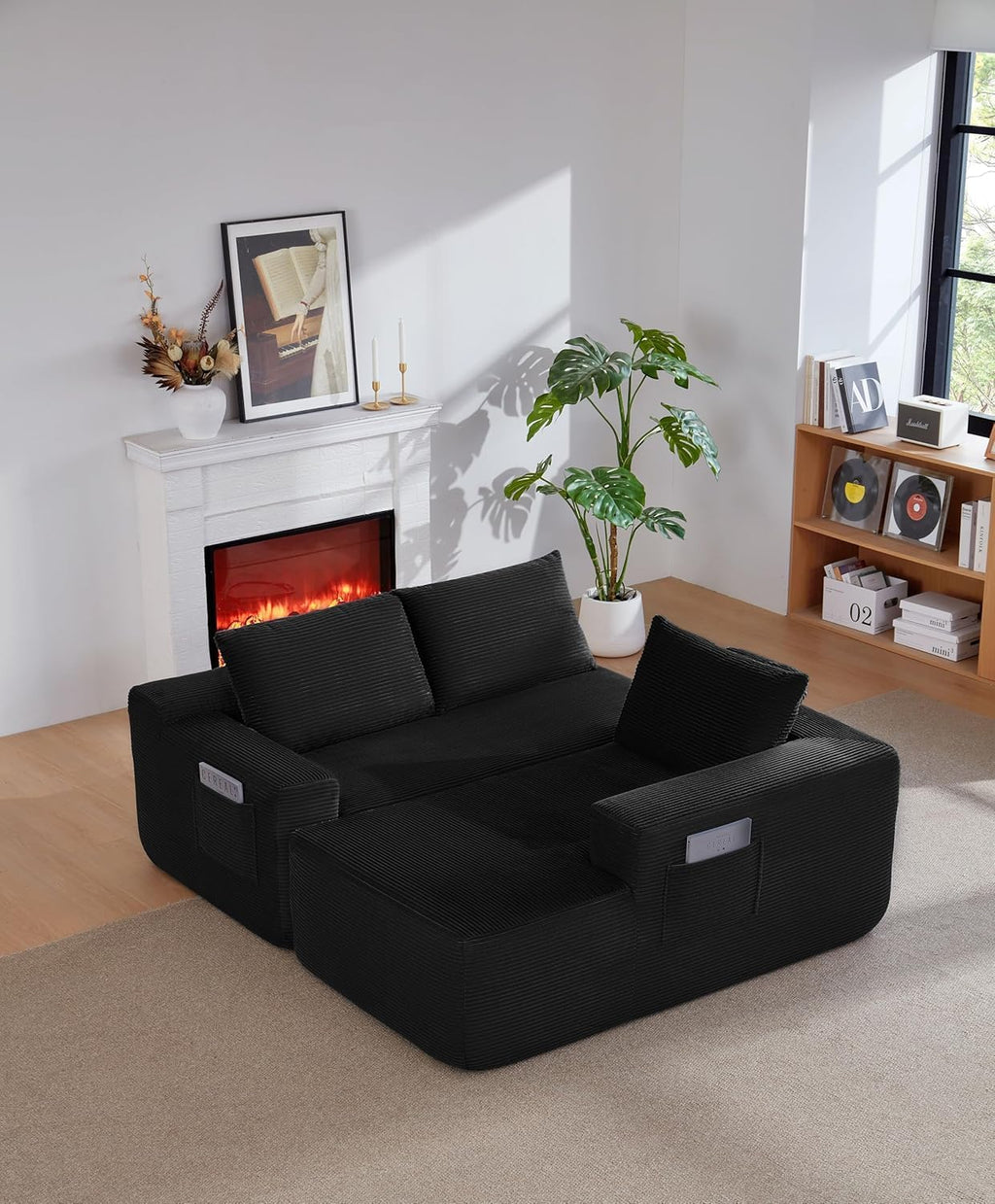 97' Cloud Couch Sectional, L Shaped Boneless Couch Sectional Couches for Living Room, Modern Comfy Corduroy Fluffy Modular Sofa with Deep Seat, No Assembly (Black, Right Facing Chaise)
