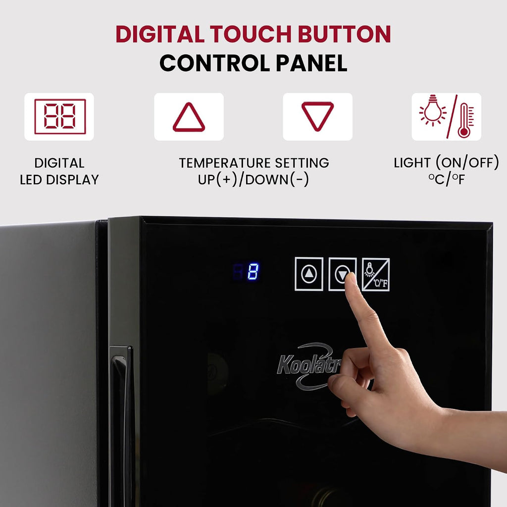 Koolatron 6 Bottle Wine Fridge – Freestanding Wine Cooler with Glass Door, 0.6 cu ft (16 L) Beverage Can Refrigerator, Digital Temperature Control, Ideal for White, Red & Sparkling Wine, Champagne