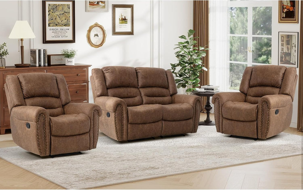 CANMOV Faux Leather Manual Recliner Sofa Set, 2 Recliner Chair and a Loveseat Sofa for Living Room,Bedroom Furniture, Office, Nut Brown