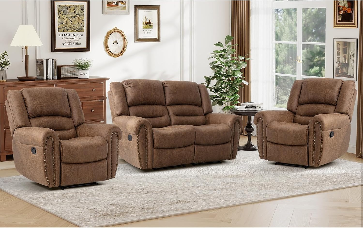 CANMOV Faux Leather Manual Recliner Sofa Set, 2 Recliner Chair and a Loveseat Sofa for Living Room,Bedroom Furniture, Office, Nut Brown