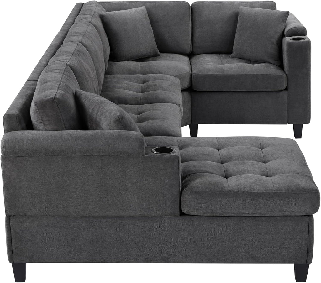 Eafurn Oversized U Shaped Sectional Sofa Tufted Couch w/Left Chaise, 6-Seater Chenille Convertible Corner Couches w/Cup Holders, Storage Armrest and USB Ports