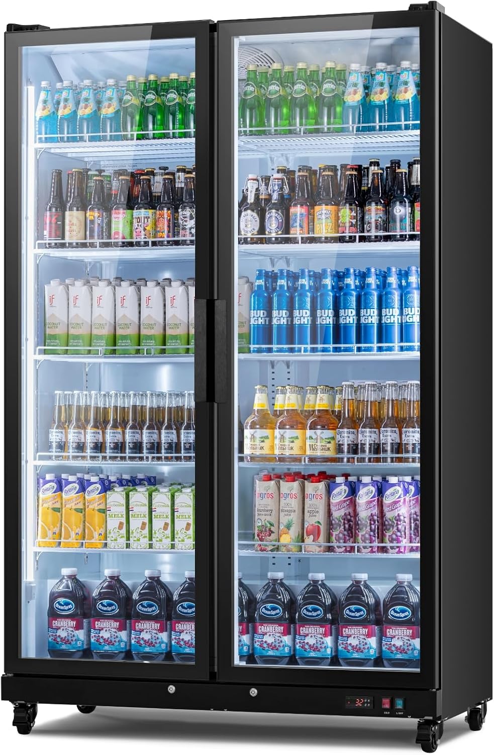 Yeego Commercial Refrigerators - 37.8 Cu.Ft 2 Glass Doors Commercial Beverage Refrigerator with Dual LED Light & Adjustable Shelves, 32-50°F Commercial Cooler for Stores Bakery Bar Offices Restaurants