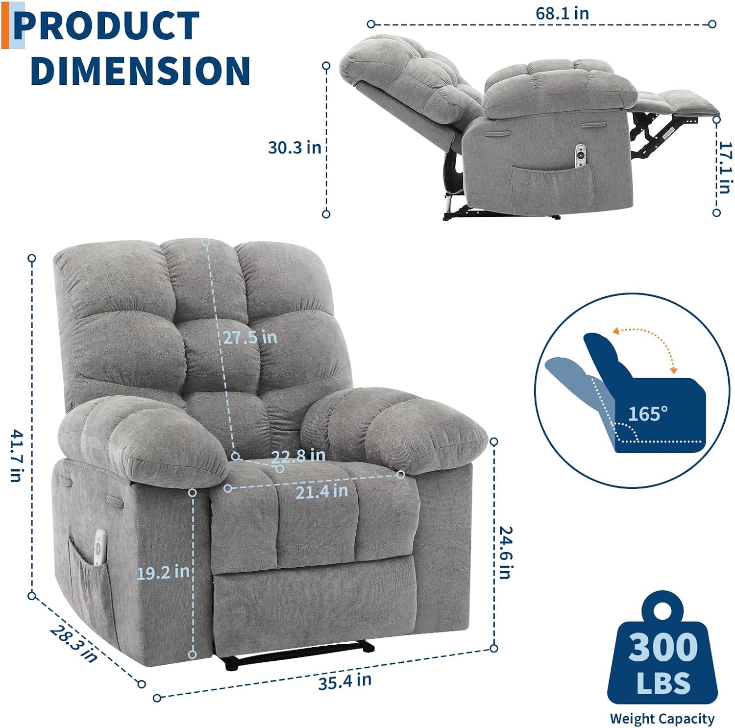 21.4in Wide Rocking Recliner Chair,Massage & Heat Function, Ergonomic Breathable Fabric with 2 Side Pockets & Remote for Living Room/Bedroom