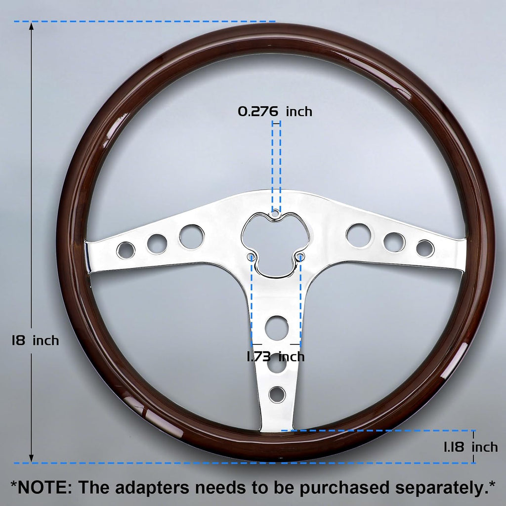 Sorghum 18' Solid Wood Steering Wheel - 3 Spokes Aluminum Chrome Classic Steering Wheel with Horn Button for Trucks Compatible with Mack Kenworth Peterbilt Volvo Freightliner-Round Hollow Style