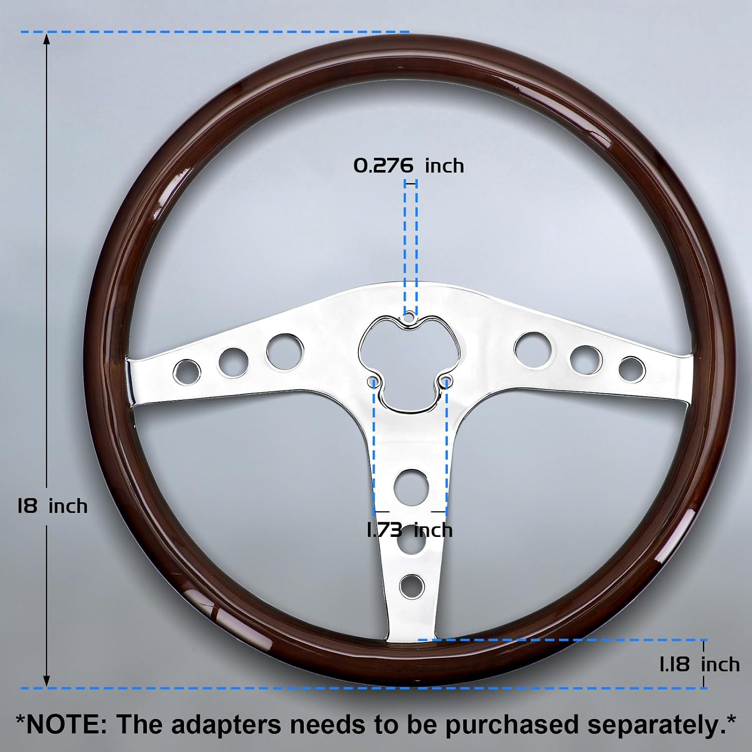Sorghum 18' Solid Wood Steering Wheel - 3 Spokes Aluminum Chrome Classic Steering Wheel with Horn Button for Trucks Compatible with Mack Kenworth Peterbilt Volvo Freightliner-Round Hollow Style