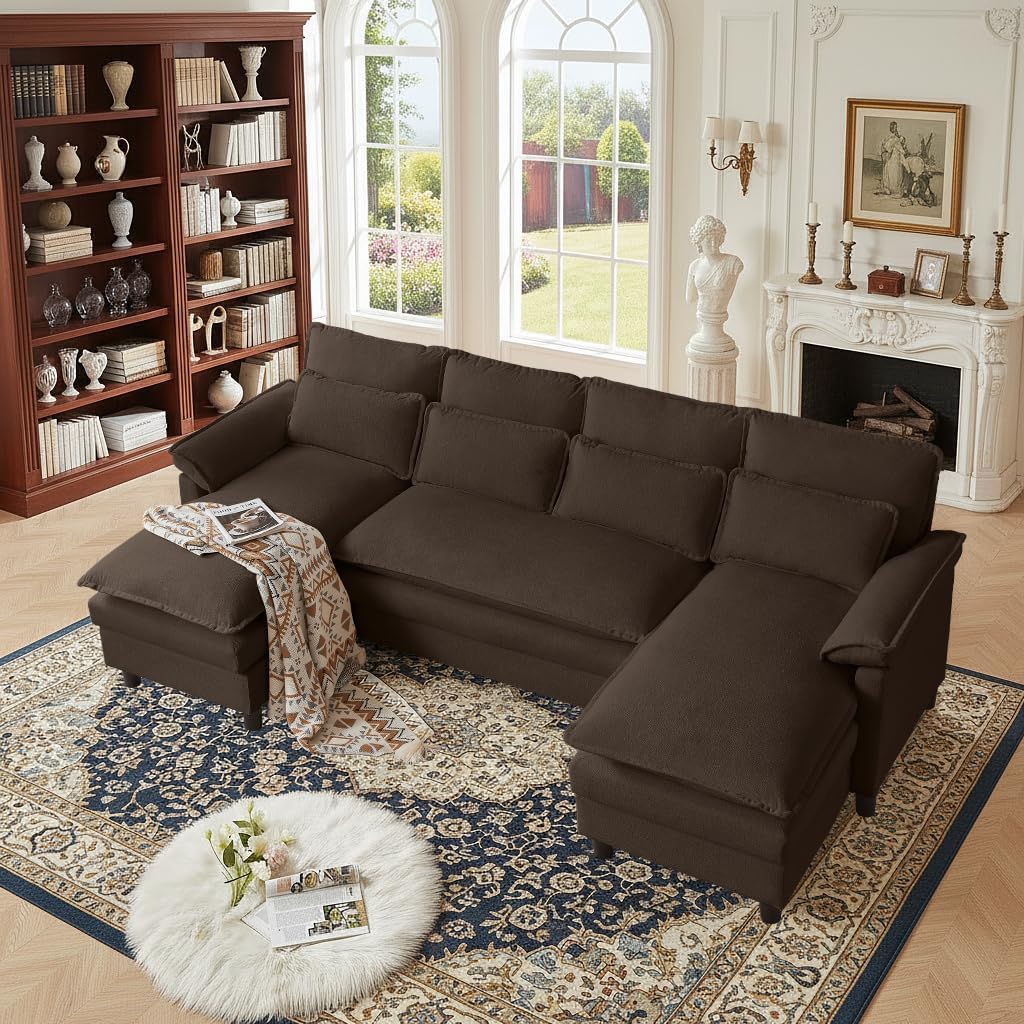 105' Convertible Sectional Sofa, U Shape Cloud Couch, Comfy Couches with Double Chaise and Sleepable Armrests, 4 Seats Sectional Couches for Living Room, Coffee