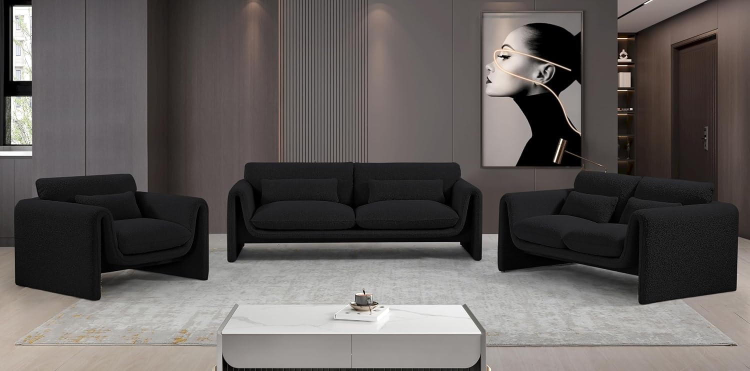 Meridian Furniture 198Black-S Stylus Collection Modern | Contemporary Boucle Fabric Upholstered Sofa with Rich Black Boucle Fabric, Curved Arms, 86' W x 38' D x 31' H, Black