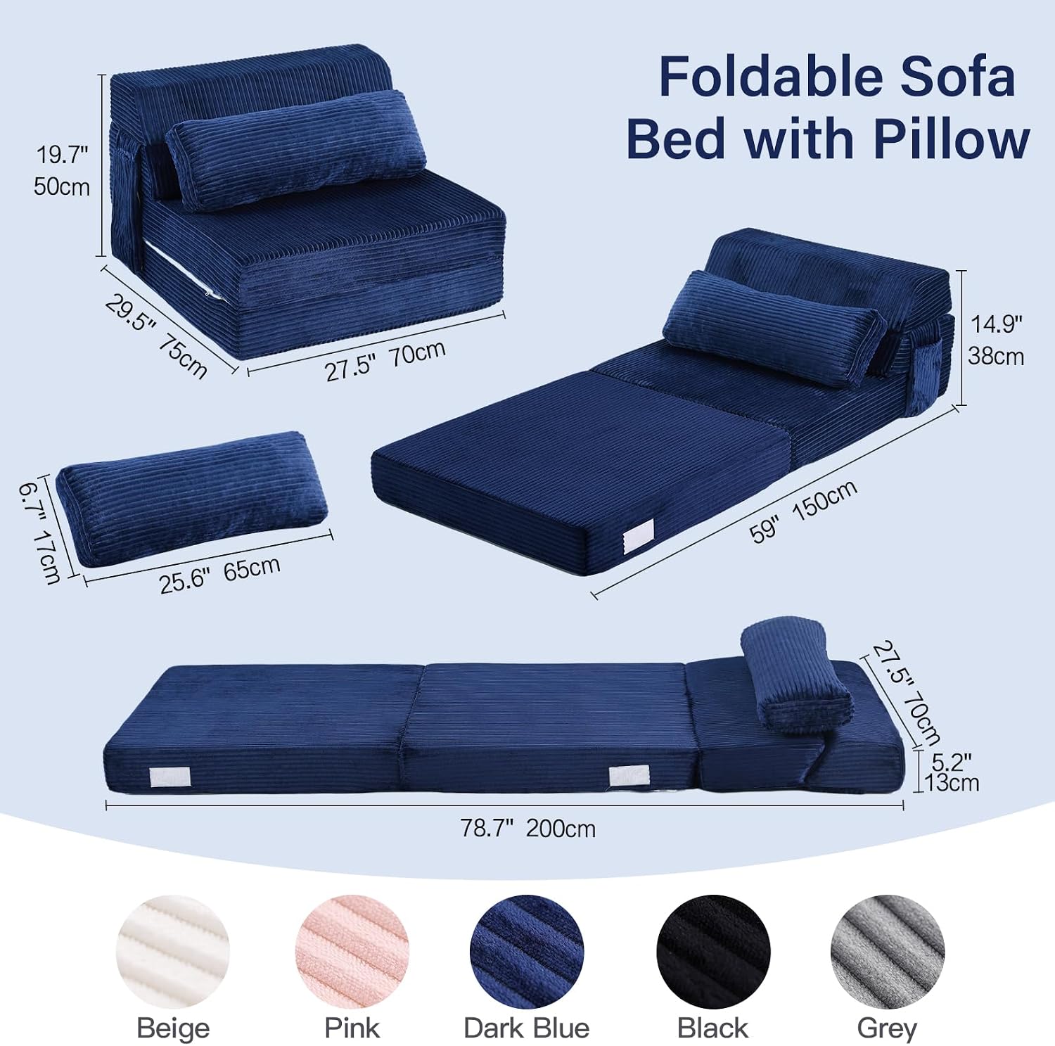 Folding Sofa Bed with Pillow, Convertible Sleeper Chair, Comfy Floor Futon Couch Mattress Lounge Sofa for Adults Portable Fold Out Chair Bed for Living Room Bedroom, Single, Navy Blue