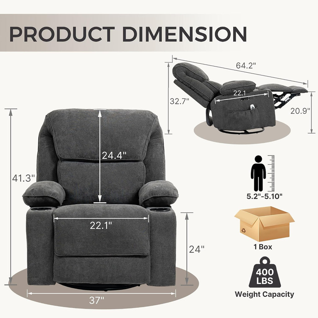 Power Recliner with Rocking, Swivel & Glider - Nursery Chair with One-Touch Button, Vibrating Massage & Heat, USB Charging Ports, Perfect for Nursery, Living Room, or Bedroom Relaxation, Dark Gray