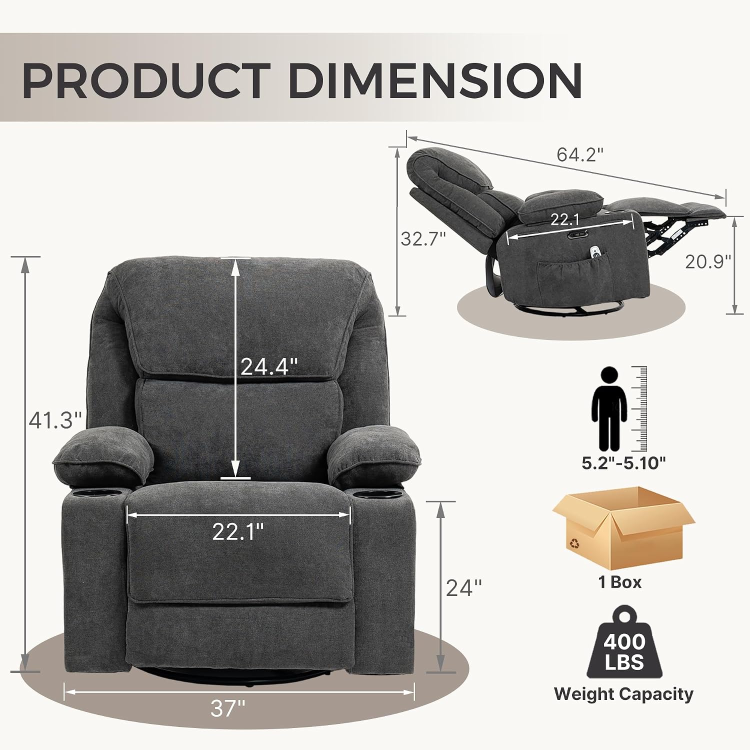 Power Recliner with Rocking, Swivel & Glider - Nursery Chair with One-Touch Button, Vibrating Massage & Heat, USB Charging Ports, Perfect for Nursery, Living Room, or Bedroom Relaxation, Dark Gray