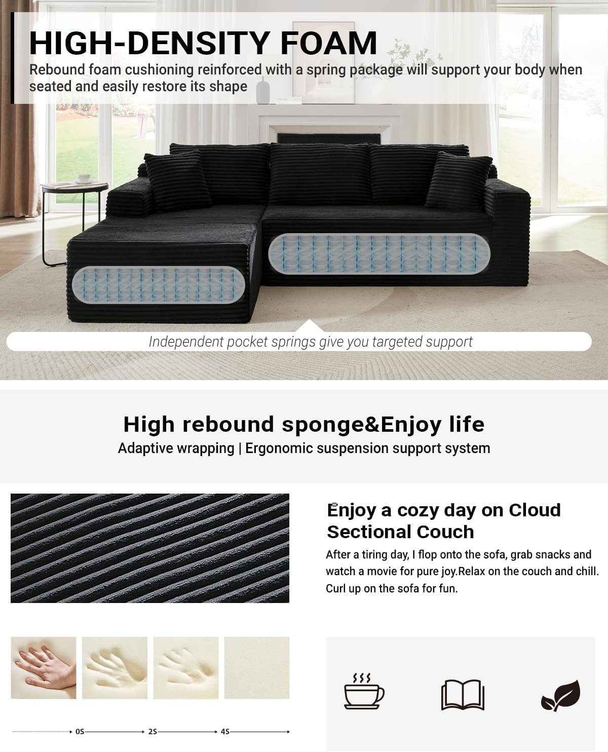 Cloud Couch Sectional, L Shaped Boneless Couch Sectional Couches for Living Room, Modern Comfy Corduroy Fluffy Modular Sofa with Deep Seat, No Assembly (Black, Left Facing Chaise)