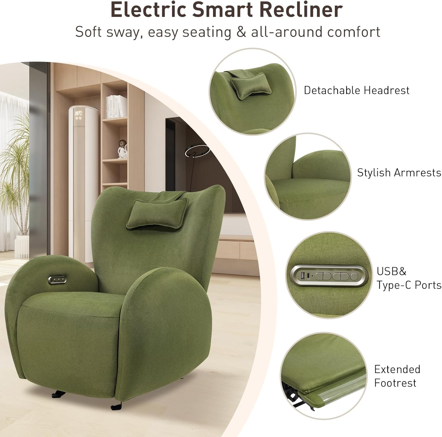 EONIX Stylish Power Glider Rocker Recliner Chair, Dual Motor Independently Controlled Footrest and Backrest, Detachable Headrest, Lazy Boy Recliner for Living Room, SXXY010041, Olive Green