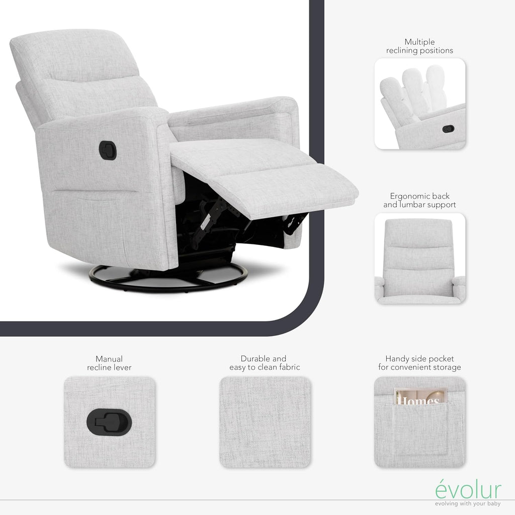 Evolur Peyton Manual Glider Recliner – Fog Grey, Rocking & 360° Swivel with Smooth Glide – GREENGUARD Gold & FSC Certified – Modern Nursery and Living Room Chair