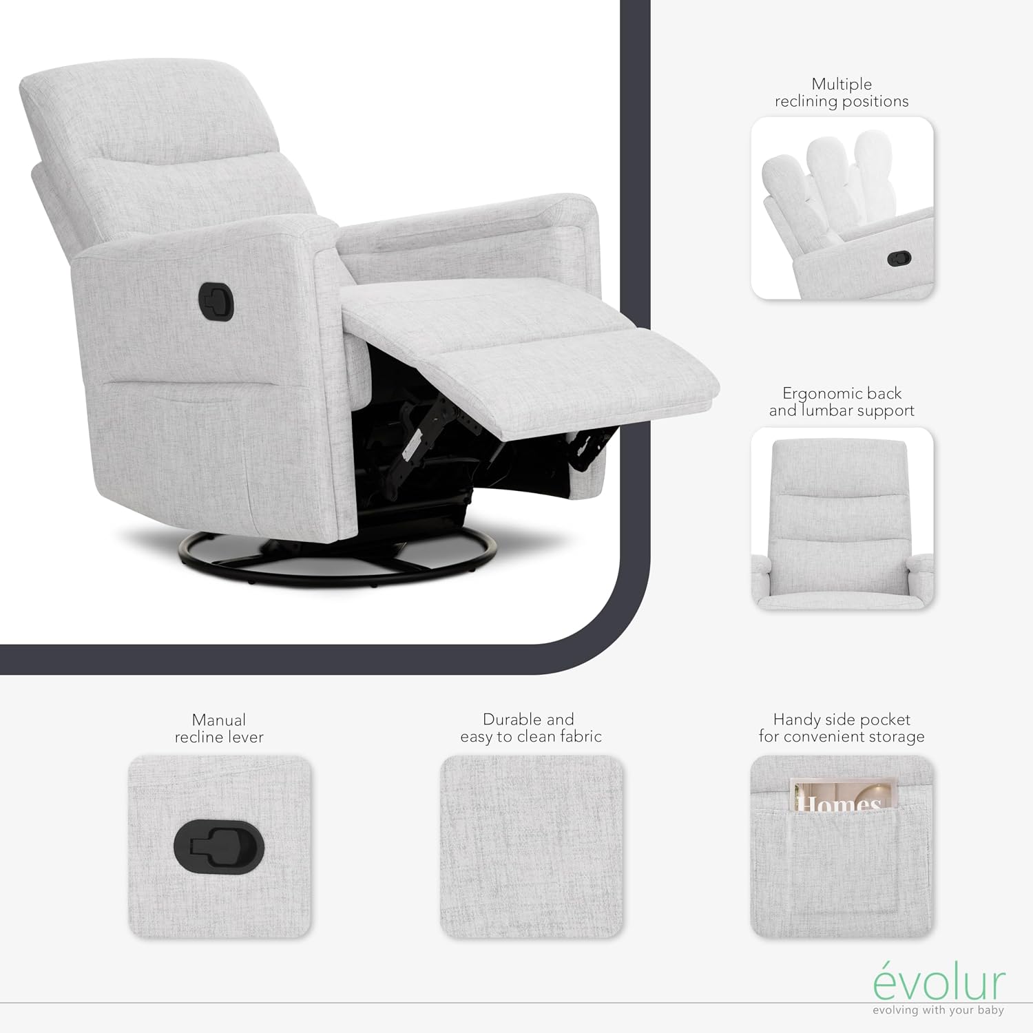 Evolur Peyton Manual Glider Recliner – Fog Grey, Rocking & 360° Swivel with Smooth Glide – GREENGUARD Gold & FSC Certified – Modern Nursery and Living Room Chair