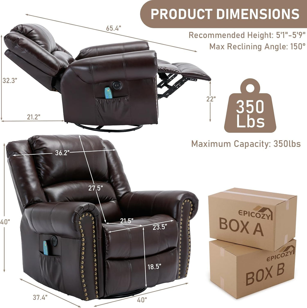Manual Massage Swivel Rocker Recliner with Heat and Vibration, 360° Swivel Glider Rocking Recliner Chair, Classic Living Room Lounge Recliners with Side Pockets & USB Ports, Brown