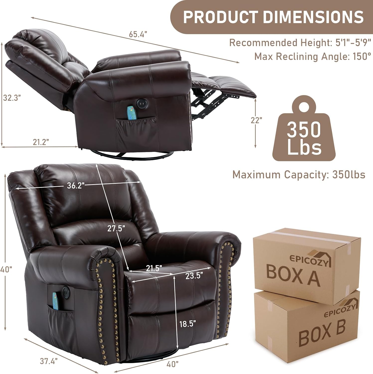Manual Massage Swivel Rocker Recliner with Heat and Vibration, 360° Swivel Glider Rocking Recliner Chair, Classic Living Room Lounge Recliners with Side Pockets & USB Ports, Brown