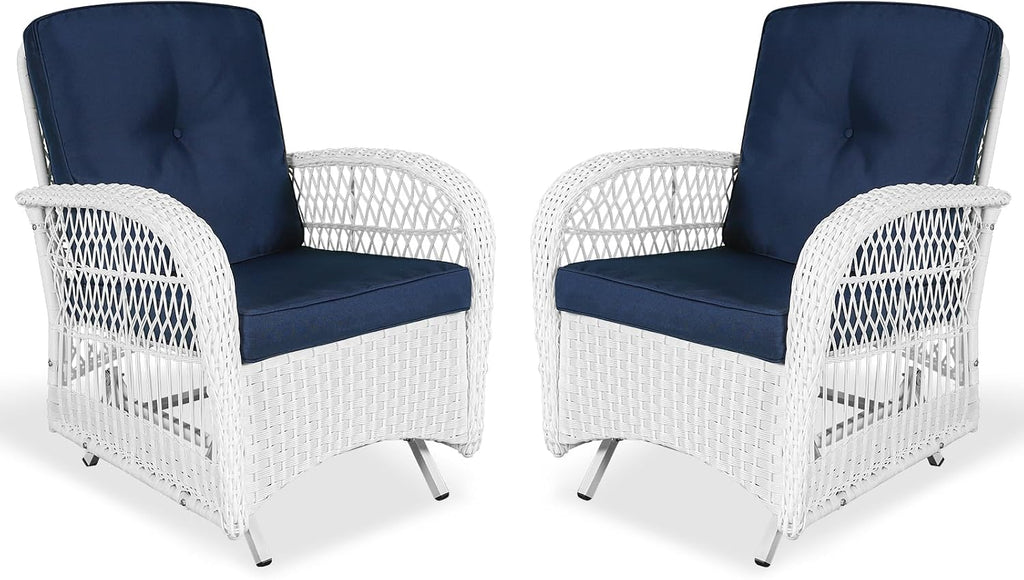 VIVIJASON 2-Piece Outdoor White Wicker Glider Rocking Chair, Patio Rattan Swing Glider Chairs with Cushions & Steel Frame, All-Weather Gliding Lawn Wicker Furniture for Garden Backyard, Navy Blue