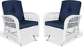 VIVIJASON 2-Piece Outdoor White Wicker Glider Rocking Chair, Patio Rattan Swing Glider Chairs with Cushions & Steel Frame, All-Weather Gliding Lawn Wicker Furniture for Garden Backyard, Navy Blue