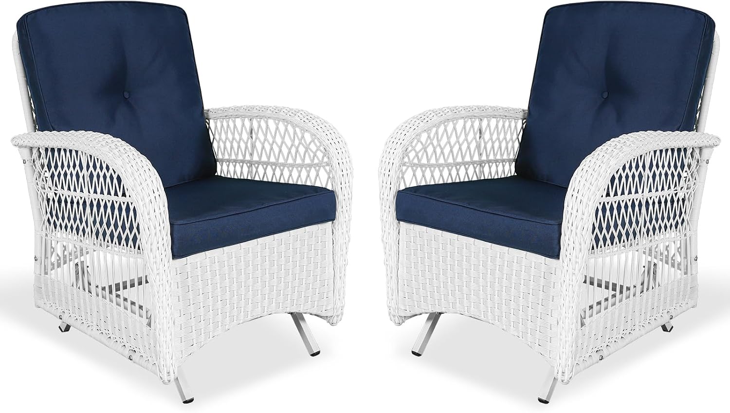 VIVIJASON 2-Piece Outdoor White Wicker Glider Rocking Chair, Patio Rattan Swing Glider Chairs with Cushions & Steel Frame, All-Weather Gliding Lawn Wicker Furniture for Garden Backyard, Navy Blue