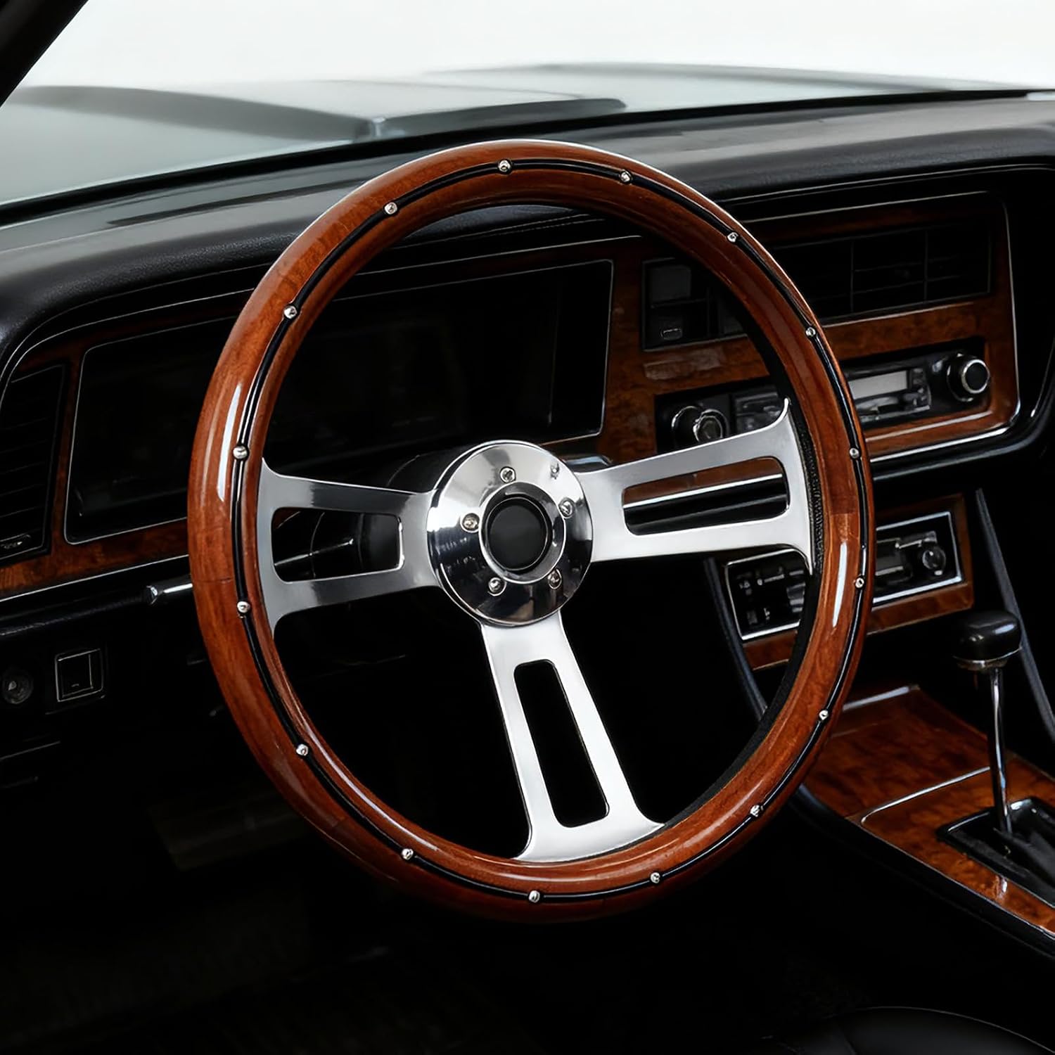 18' Universal Steering Wheel 455mm Chrome Aluminum Spokes Wood Grip, 5-Bolt Replacement for Kenworth for Peterbilt for Freightliner for Volvo–65mm Deep Dish Design 18inch Truck Steering Wheel