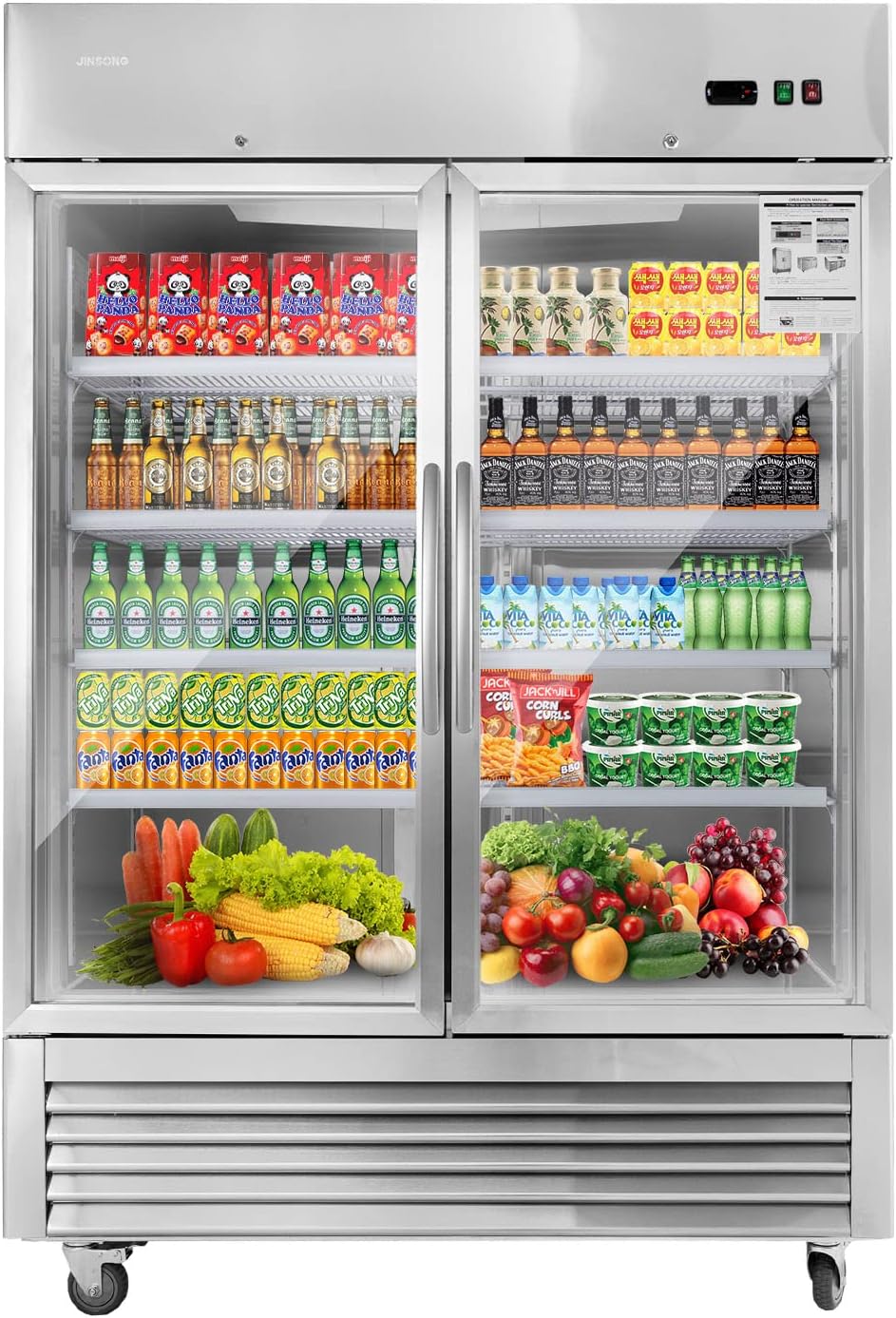 JINSONG Commercial Beverage Fridge Display Refrigerator, 54' Wide, Glass Door Refrigerator, Stainless Steel Beverage Cooler with LED Lighting & 8 Shelves for Restaurant, Office, Shop, Bar, 49 Cu.ft