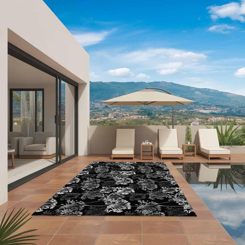 Vintage Floral Outdoor Rug for Patio/Deck/Porch, Non-Slip Large Area Rug 4 x 6 Ft, Black Dandelion Plants Country Botanical Indoor Outdoor Rugs Washable Area Rugs, Reversible Camping Rug Carpet Runner