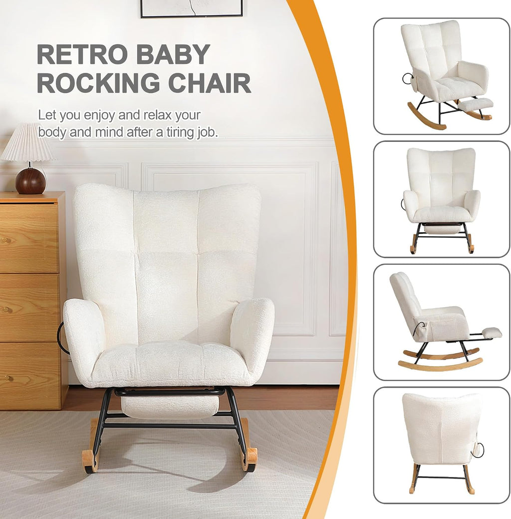 Rocking Chair Nursery with Airbag, Comfy Modern Nursery Rocking Reading Chair Indoor with Footrest, Cozy Upholstered Glider Rocker Chairs for Living Room Bedroom Offices(Chenille, White)