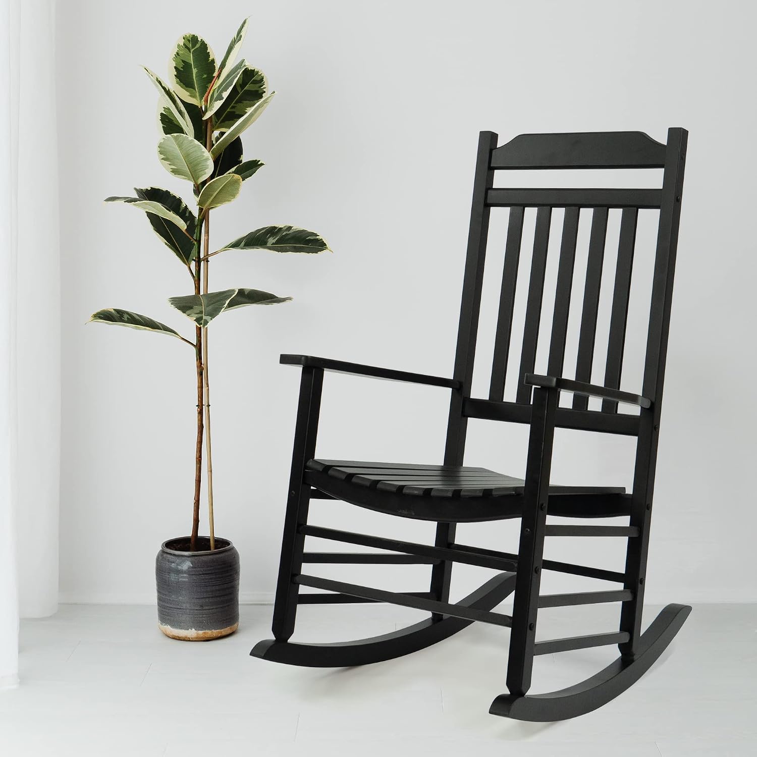 Kozyard Wooden Rocking Chair, Solid Wood Outdoor Rocker Chair with High Back & Slatted Seat, Ergonomic Porch Rocking Chair for Patio, Balcony, Garden, Indoor Outdoor Use (Black)