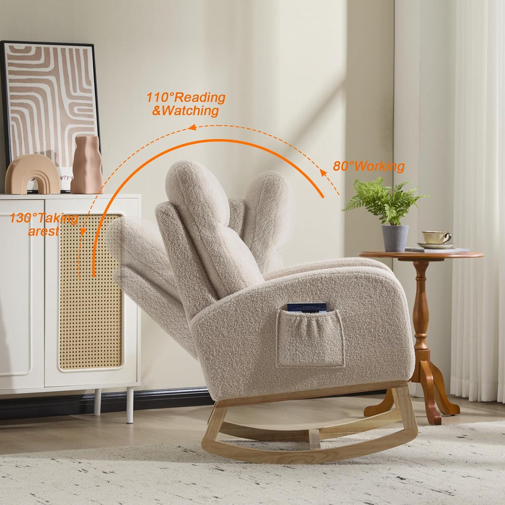 KEIKI Upholstered Rocking Armchair for Bedroom or Apartment, Soft Cushioned Nursery Glider with Wood Legs, High Back Support and Side Pocket for Everyday Comfort
