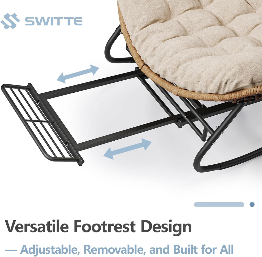 SWITTE Outdoor Papasan Rocking Chair with Footrest, Oversized Patio Egg Chair with Thick Cushion, Indoor Wicker Lounge Rocker Bed for Balcony, Porch, Garden, Beige