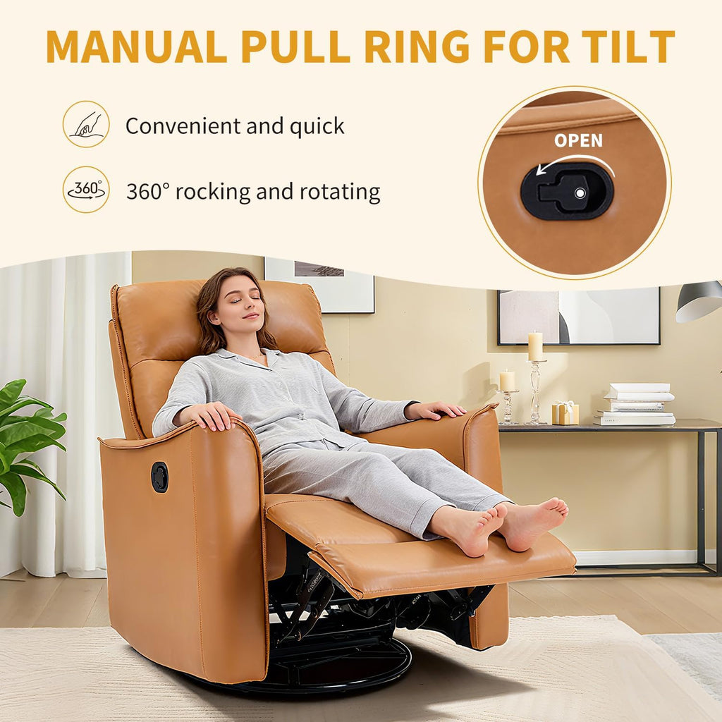 Swivel Rocker Recliner Set of 2, Glider Rocking Chair, Nursing Chairs Swivel Glider Recliners with Soft Backrest, Leathaire Manual Reclining Sofa for Living Room Bedroom Apartment, Camel