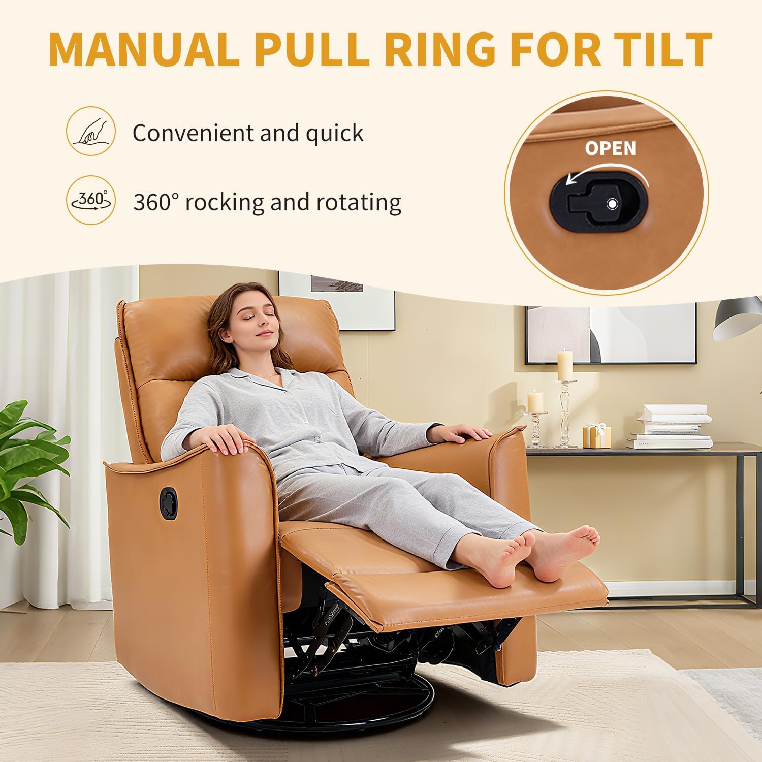 Swivel Rocker Recliner Set of 2, Glider Rocking Chair, Nursing Chairs Swivel Glider Recliners with Soft Backrest, Leathaire Manual Reclining Sofa for Living Room Bedroom Apartment, Camel