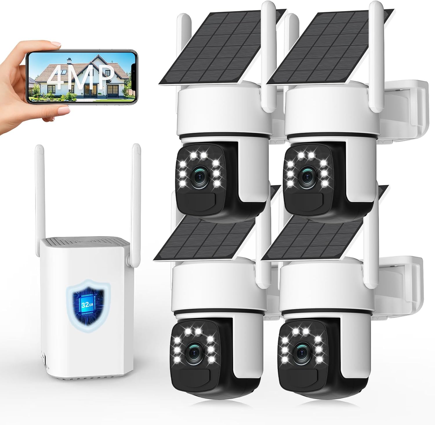 Solar Security Cameras Wireless Outdoor, 4 Cam-Kit, 4MP Home Security System with Color Night Vision, 2.4G & 5G WiFi, 360° Pan & Tilt, 32GB Local Storage, No Subscription, Motion Detection, Spotlight