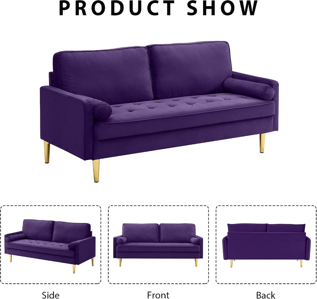 67in Modern Velvet Loveseat Sofa Couch, Mid-Century Tufted Upholstered Small Love Seat Couch with 2 Pillows & 4 Golden Legs, 2-Seats Couches for Compact Space, Living Room, Apartment (Purple)