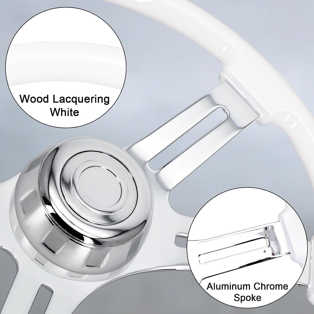 Sorghum 18' Solid Wood Steering Wheel - 4 Spokes Aluminum Chrome Classic Steering Wheel with Horn Button for Semi-Trailers Trucks Compatible with Mack Kenworth Peterbilt Volvo Freightliner-White
