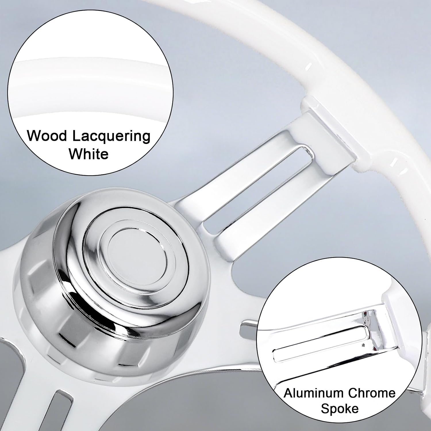 Sorghum 18' Solid Wood Steering Wheel - 4 Spokes Aluminum Chrome Classic Steering Wheel with Horn Button for Semi-Trailers Trucks Compatible with Mack Kenworth Peterbilt Volvo Freightliner-White