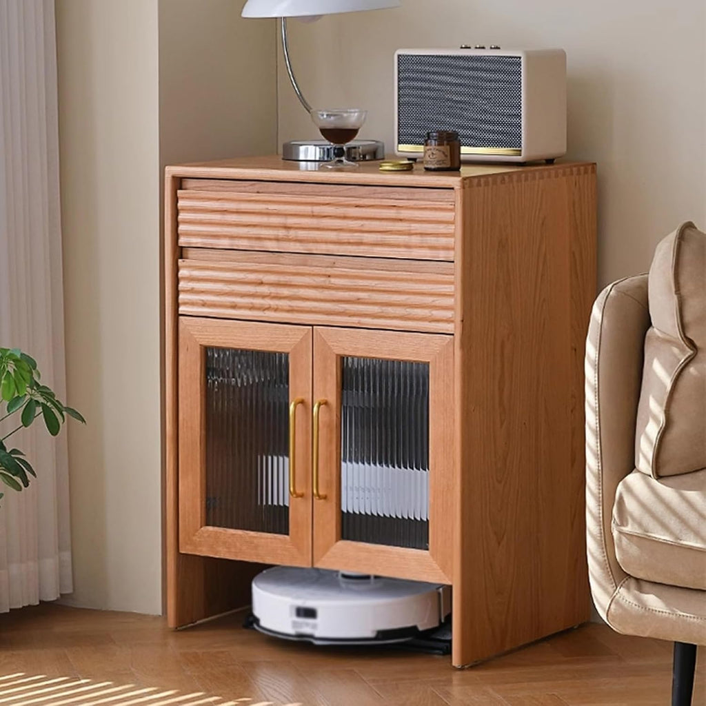 Small Storage Cabinet with Doors for Self Emptying Robot Vacuum Cleaner, Couch Side Table Swivel, Home Office Hidden Smart Sweeper Stand with 2 Drawers