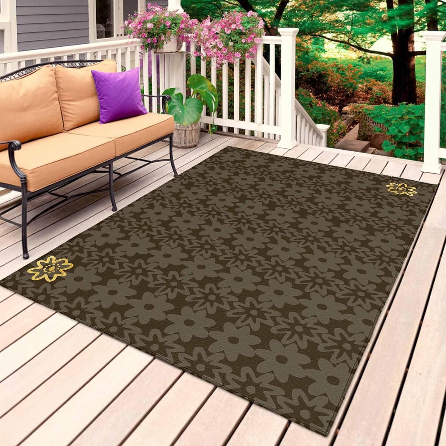 Brown Golden Floral Outdoor Rug for Patio/Deck/Porch, Non-Slip Large Area Rug 5 x 7 Ft, Modern Abstract Art Spring Flowers Indoor Outdoor Rugs Washable Area Rugs, Reversible Camping Rug Carpet Runner