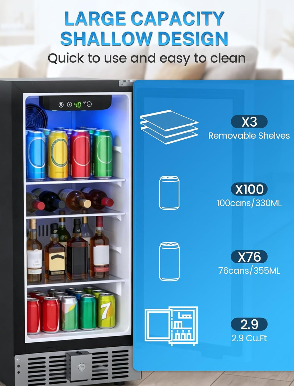 Electactic 15 Inch Outdoor Beverage Refrigerator, Undercounter Beverage Cooler with Stainless Steel Door, Built-in & Freestanding Drink Fridge for Beer Wine Soda, Outdoor Fridge for Patio Home Kitchen