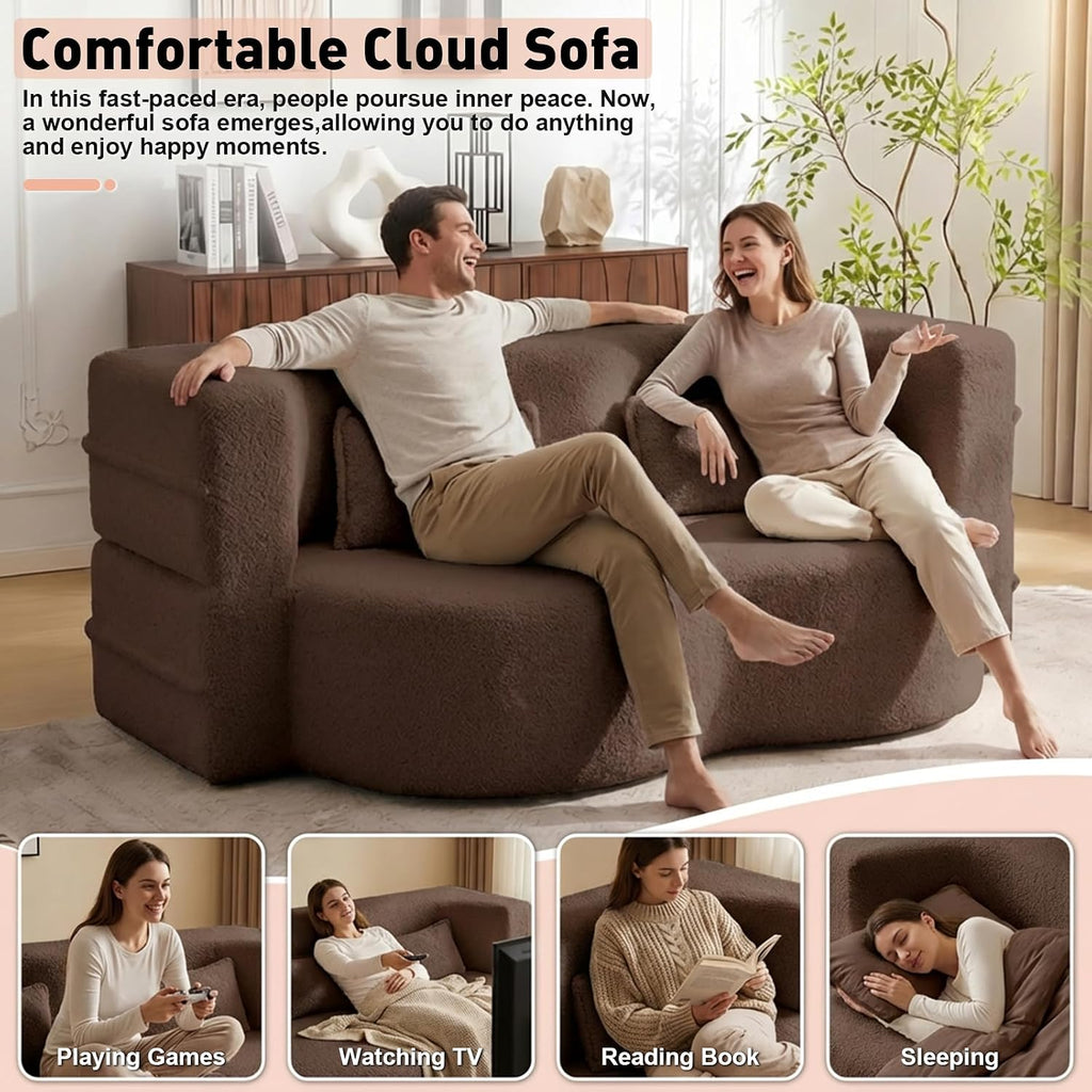 78' Full Size Convertible Folding Sofa Bed, Modern Teddy Fabric Futon Sofa Bed with 2 Pillows, Foam Mattress Futon Loveseat Couch, No Assembly Floor Couches for Living Room, Playroom, Apartment, Brown