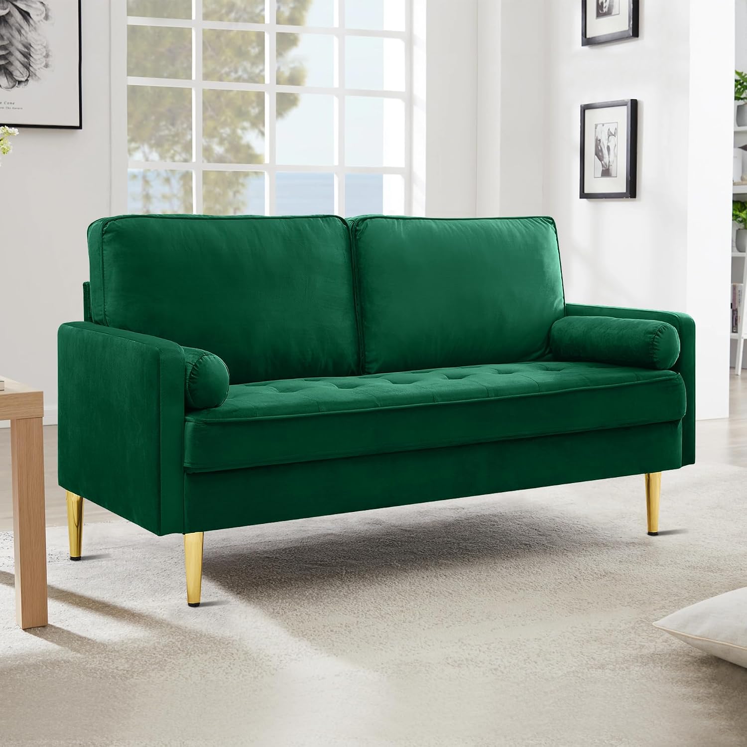 67' Modern Velvet Loveseat Sofa Couch, Mid-Century Tufted Upholstered Small Love Seat Couch with 2 Pillows & 4 Golden Legs, 2-Seats Couches for Compact Space, Living Room, Apartment (Emerald)