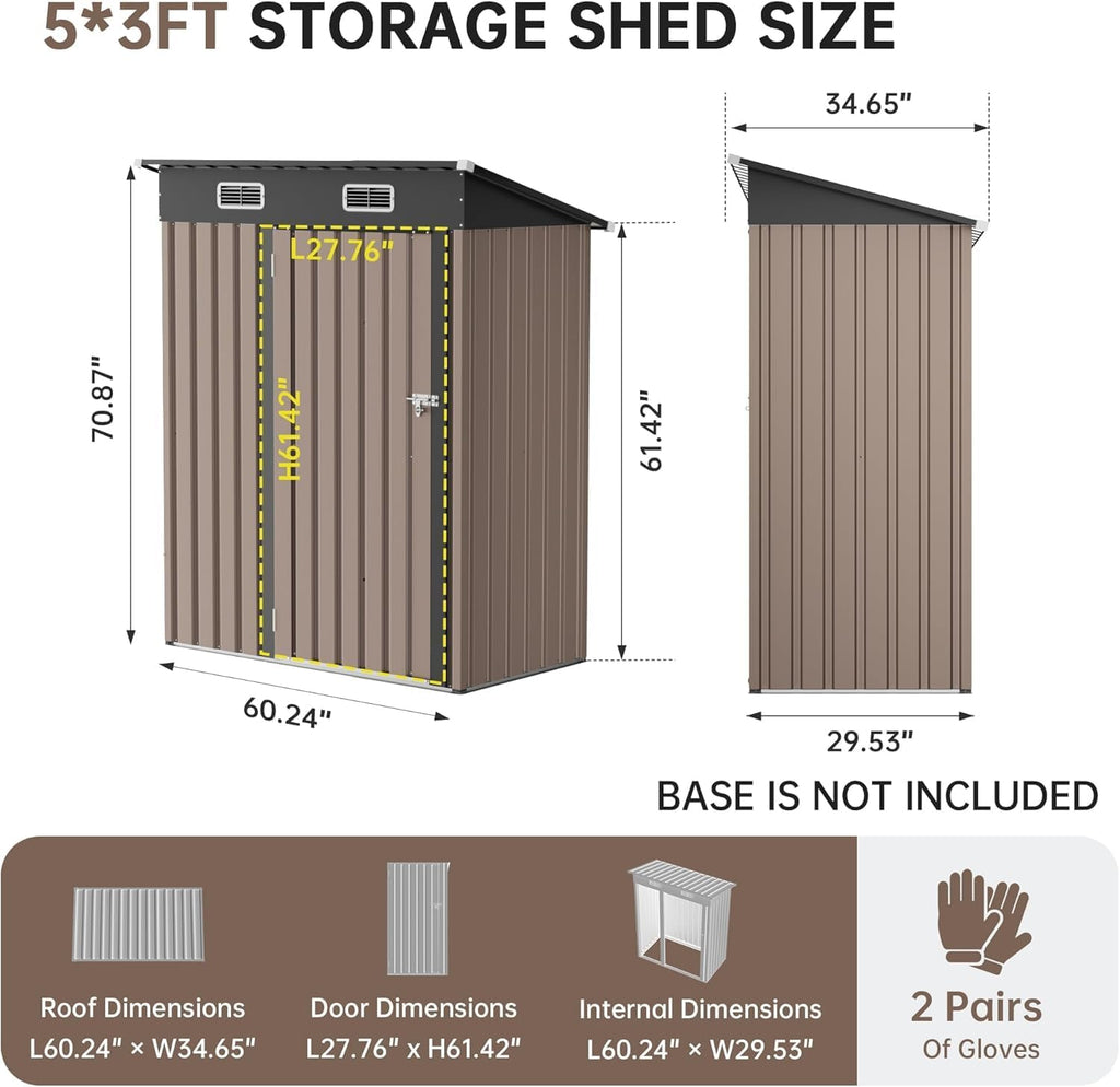 5x2.5 FT Vertical Metal Storage Shed, Lockable Outdoor Garden Tool Shed with Sloped Roof, Heavy-Duty Steel Utility Shed for Patio Backyard, Brown