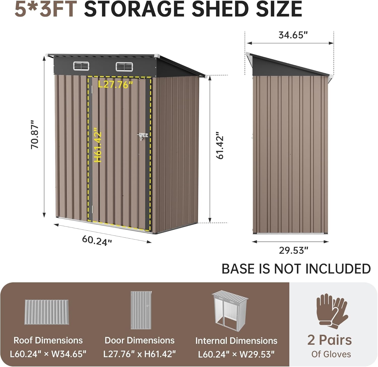 5x2.5 FT Vertical Metal Storage Shed, Lockable Outdoor Garden Tool Shed with Sloped Roof, Heavy-Duty Steel Utility Shed for Patio Backyard, Brown