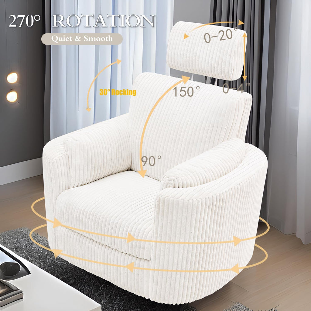Zenosyne Power Swivel Recliner Rocking Chair Nursery Glider Rocker with Headrest, USB and Type-c Port, Corduroy Electric Reclining Sofa Chair Arm Chair for Living Room (White-2)